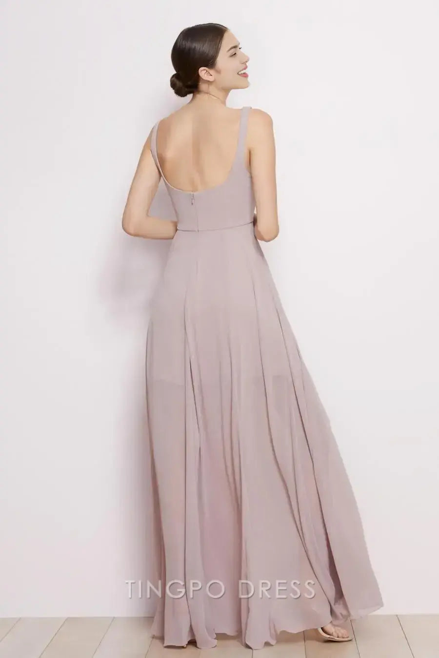 TingPo Wholesale Elegant Blush Pink Square Neck Dress - Sleeveless Chiffon Paneled Maxi Gown